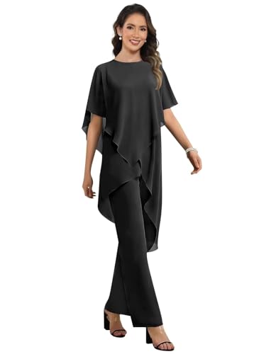 KBWOV Chiffon Grandmother of The Groom Dresses Black Pant Suits Ruched Formal Evening Pant Suits Size 14
