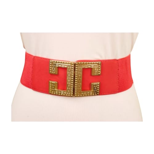 Women Fashion Coral Pink Faux Leather Elastic Waistband Belt Waist Hip Gold C Buckle S M z0822