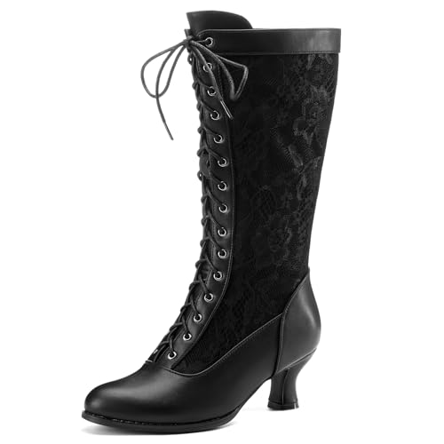 NueiVeiuo Women Vintage 70s Victorian Boots Knee High Side Zipper