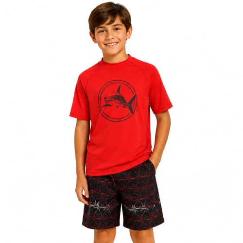 Image of iXtreme Boys Swim Set - 2 Piece Rash Guard Short Sleeve Swim Shirt and Boys Swim Trunks for Infants Toddlers & Big Boys