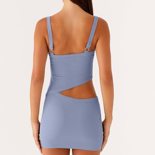 Image of Women Sexy Cutout Mini Dress Spaghetti Strap Backless V-Neck Patchwork Bodycon Short Dress Party Cocktail