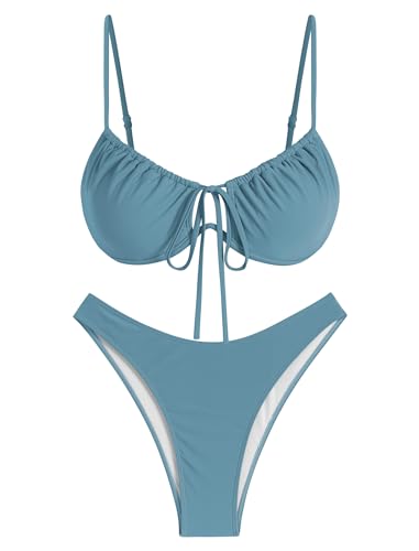 Image of ZAFUL Women High Cut Bikini Sets String Sexy Swimsuit Two Piece Underwire Bathing Suit Brazilian Cheeky Cut Out Cute Swimwear