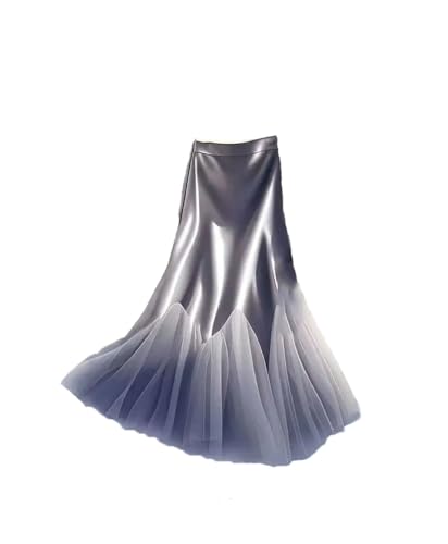 Women Satin Mesh Patchwork Skirt High Waist Solid Tulle Splicing Midi A-Line Skirts