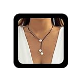 Iaceble Vintage Leather Y-Shape Necklace Black Cord Pearl Lariat Necklace Long Suede Necklace Chain Gothic Cord Rope Choker Necklace Jewelry for Women