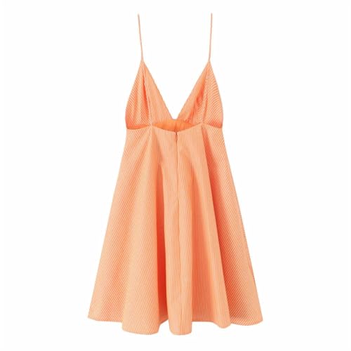 Women Summer Orange Striped Backless Zipper Mini Dress Thin Straps Dresses3