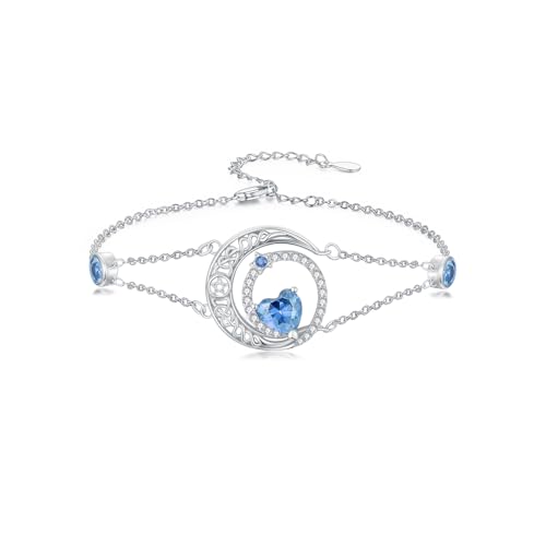 Image of Dorunmo 925 Sterling Silver Moon Heart Birthstone Anklet Bracelets for Women Best Mother's Day Birthday Jewelry for Wife Girlfriend Mom Her