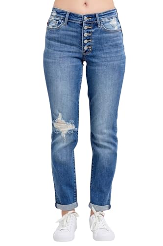 Judy Blue Mid Rise Button-Fly Boyfriend Jeans, Inseam 30