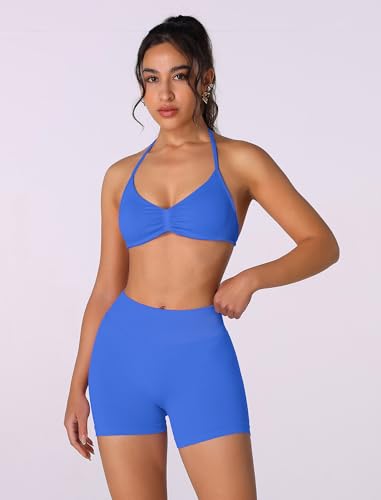 Image of ABOCIW Womens Seamless Workout Sets 2 Piece Strappy Halter Sports Bra Scrunch Butt Shorts Gym Yoga Outfits