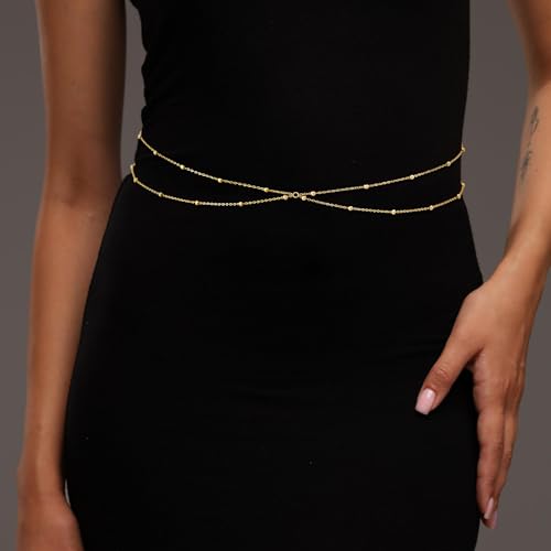 CHESKY Waist Chain for Women, Dainty Gold Plated Belly Chain for The Waist Adjustable Waterproof Sexy Bikini Satellite Beads Sparkle Chain Simple Body Chain Summer Jewelry Gifts for Women3