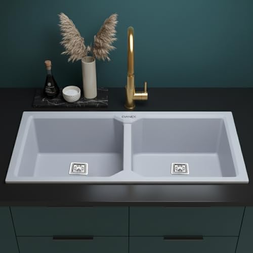 Image of EVANEX Quartz Kitchen Sink|Double Bowl Sink for Kitchen|Topmount /Undermount Kitchen Sinks|Sand Pluto Double Sink with Connector, Waste Pipe, Coupling and Drain Basket|45x20x9 Granite Kitchen Sinks