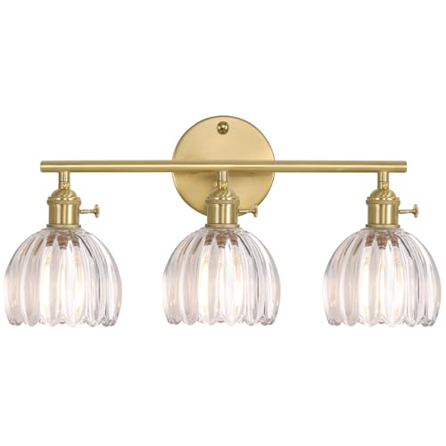 Shenmoyl Vintage Wall Sconce Indoor, Bathroom Light Fixtures Over Mirror, 3-Light Brass Gold Vanity Wall Lights with Clear Tulip Glass Shade for Bedroom Living Room (Bulb Not Included) by Shenmoyl - Used condition - CA$58.12