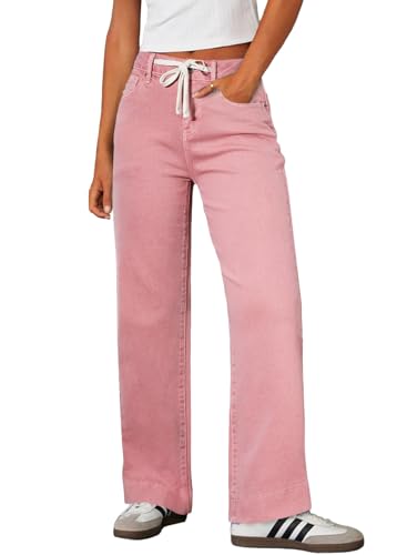 Sidefeel Womens Wide Leg Jeans High Waisted Stretchy Straight Baggy Drawstring Denim Pants Pink Size 12