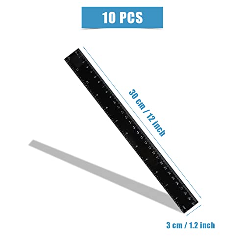 AIEX 10 Pack Plastic Ruler, 30cm 12inch Straight Ruler Plastic Ruler Kit Measuring Tool for Student School Office (Black)