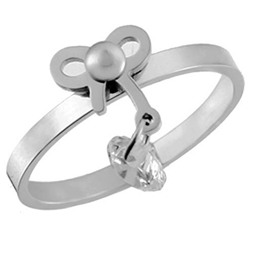 Jude Jewelers Stainless Steel Bow Tie Dangling Cubic Zircon Simulated Diamond Wedding Cocktail Party Ring (Silver, 7)