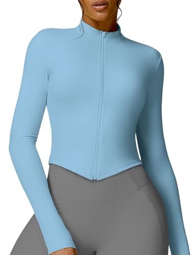 FEOYA Women's Slim Fit Full Zip Running Jacket Stand Collar Sports Tops Skinny Workout Gym Yoga Coat Stretch Activewear Fitness Crop Top S-XL
