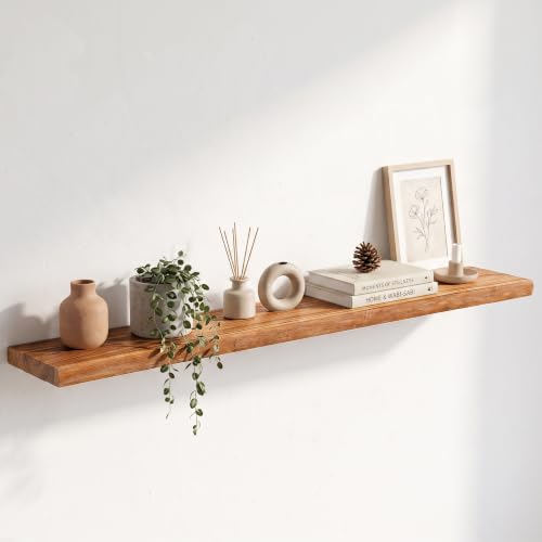 Image of Live Edge Elm Floating Shelves - 48 In Rustic Solid Wood Shelves with Heavy-Duty Invisible Bracket, Wall-Mounted Wooden Shelf for Living Room, Bathroom, Kitchen Storage & Display, Set of 1, Natural