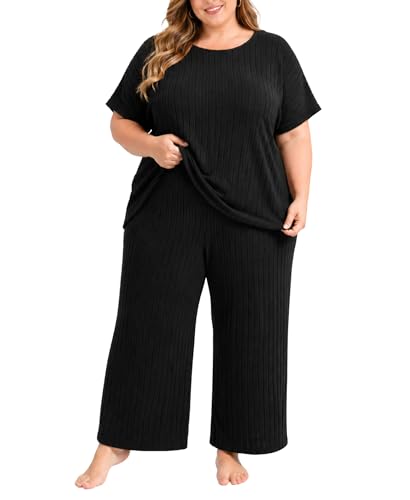 Istylish Plus Size Two Piece Summer Lounge Sets For Women Ribbed Matching Pajama Short Sleeve Tops Wide Leg Pants Outfits(Black 3XL)