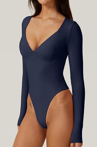 Image of QINSEN Women's Long Sleeve Bodysuit V Neck Body Suits Seamed Cup Going Out Tops Shirt