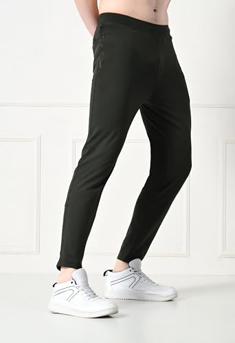 Image of Men 4 Way Lycra Back Pocket Solid Gym, Yoga & Sports Wear Stretchable Dry Fit Track Pant with Side Zipper Pockets(Olive,M)