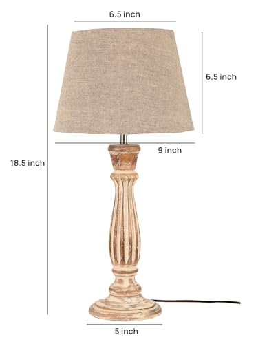 Image of Green Girgit Athens Wooden lamp with Taper Samre Grey Solid Shade, Vintage Style Table Lamp with Grey Fabric Shade, Distressed Wood Base, Farmhouse Design (LED Bulb Included)