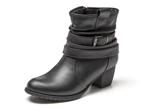 VJH confort Women's Mid Calf Boots,Round Toe Comfort Low Heel Slouchy Dress Booties with Buckle Strap Side Zipper2