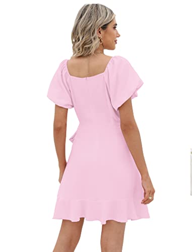 Image of Sampeel Womens Summer Dresses Square Neck Puff Sleeve Tie Waist Short Dress