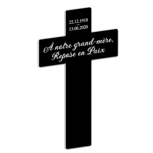Plaque gravée funéraire Personnalisable en Forme de Croix chrétienne, autocollante, Format 11,6x19 cm, Couleur Noir