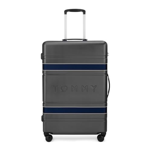 Tommy Hilfiger Las Vegas Large Hard Luggage- Grey & Navy | Polycarbonate Shell with Twill Textured Suitcase | TSA Lock | Push Button Trolley Handle | 