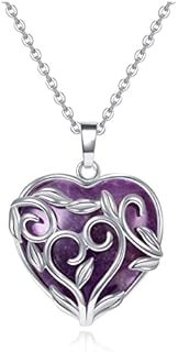 JOVIVI Natural Amethyst Crystal Stone Heart Pendant Necklace Reiki Healing Silver Flower Wrapped Gemstone Purple Amethyst Jewellery Women Gifts