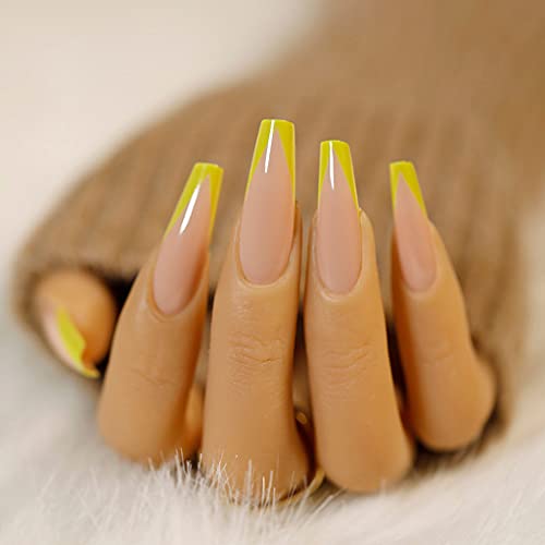 RikView Long Press on Nails French Fake Nails Coffin Acrylic Nails Yellow Nails 24PCs/Set