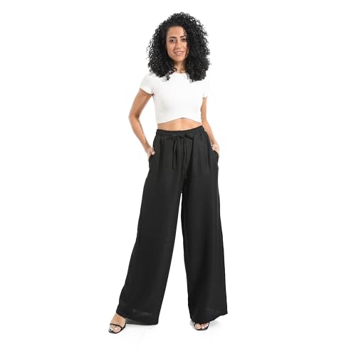 Andora Plain Linen Wide Leg With Elastic Waist and Drawstrings Pants Black_2XL