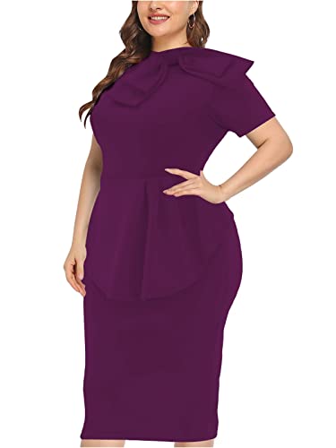 Image of WanMem Plus Size Dress for Curvy Women Semi Formal Cocktail Party Midi Dress Bodycon Short Sleeve Bow Ruffle Pencil Dresses