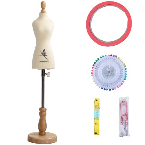 lavandeform Female Dress Form Mannequin(Not Full Size Body Height 9.6 inch for Sewing, 1/4 Size Mini Tailor Dressmaker Dummy for Pattern Making Fully Pinnable Mannequin with red Patch Set (1/4)