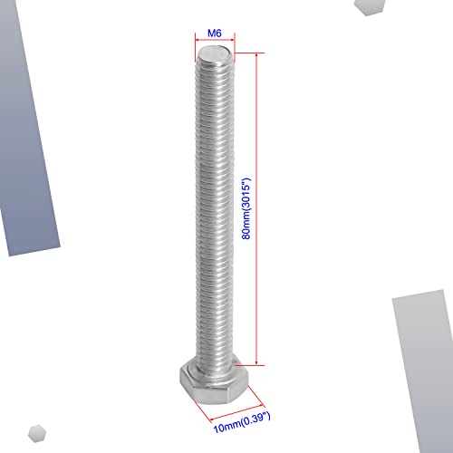 Image of M6 x 80mm Hex Head Bolts Screws Grade 6.8 Stainless Steel, Fasteners Fully Machine Threaded SUS304 15 Pcs