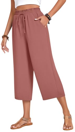 Image of Anyhold Women's Capri Pants Drawstring Casual Palazzo Trousers with Pockets Loose High Waisted Wide Leg Lounge Pants