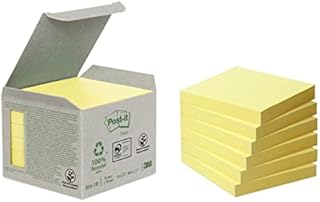 Post-it Recycling Notes Canary Yellow, Pack of 6 Pads, 100 Sheets per Pad, 76 mm x 76 mm, Yellow Color - Self-stick notes made from 100% recycled paper