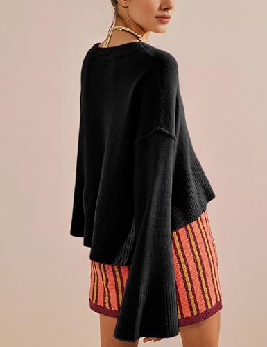 Image of Sweaters for Women Bell Long Sleeve Crewneck Side Slit Fall Winter Casual Oversized Pullover Knit Sweater Top (Black-S)