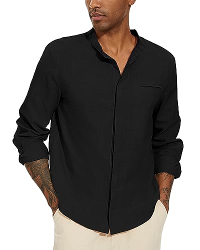 YAOBAOLE Camisa de lino para hombre, manga larga, ligera, cuello Mao con botones, informal, playa, clásica, monocolor, Negro , 3XL