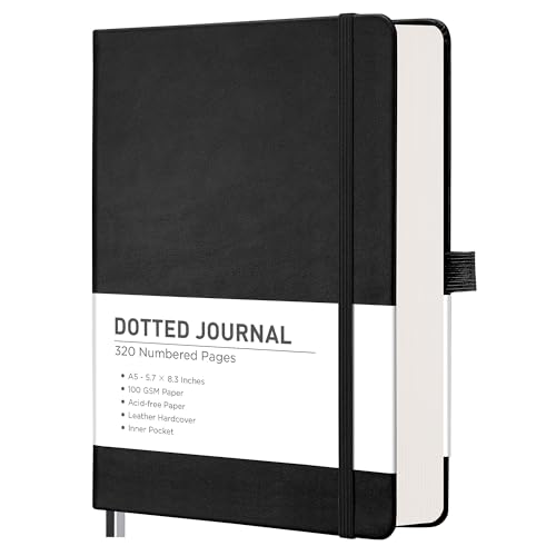 RETTACY Dotted Journal Notebook, 320 Numbered Pages, A5 Medium Size (5.7'' × 8.3''), Leather Hardcover, 100 GSM Thick Paper, for Journaling, Planning, Tracking (Black)