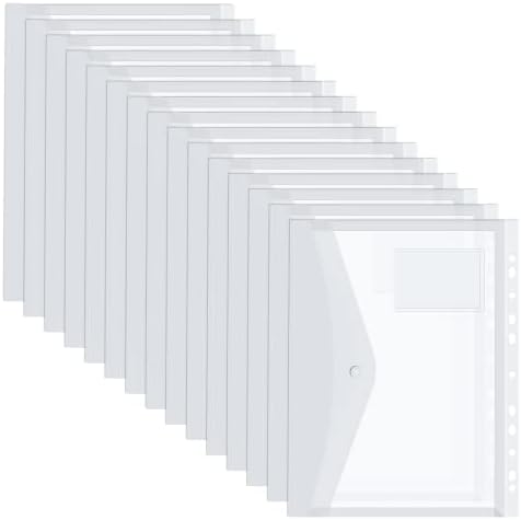 Heltrappe 15 Pack Expandable Plastic Wallets Clear Folder, Document Files A4 Punched Pockets with Hook and Snap Button for Home, Office, School and Travel