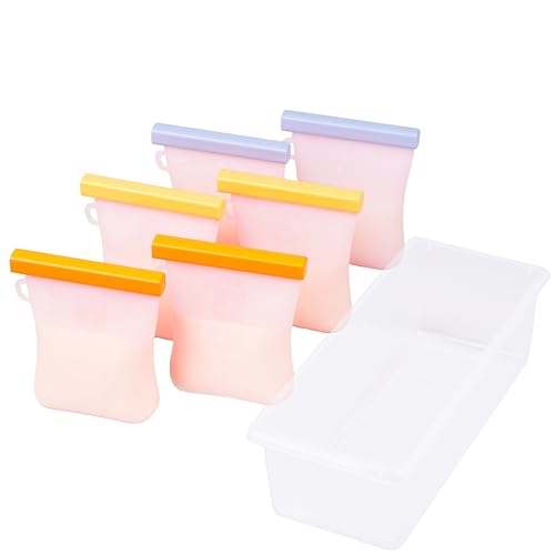 Image of Viotiin Silicone Breast Milk Storage Bags, 6 Pack 8 Ounce, BPA-Free Leak-Proof, Reusable, Molded Silicone, Pink, Self Seal, Breastmilk Storage Bags