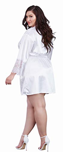 Dreamgirl Women's Plus Size Satin Charmeuse Robe with Lace Trim Details, White, 2X