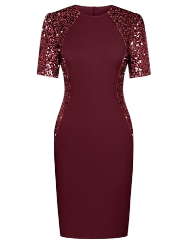 Festliche Kleider Für Damen Weinrotes Kleid für Frauen Kurzarm Bodycon Kleid M