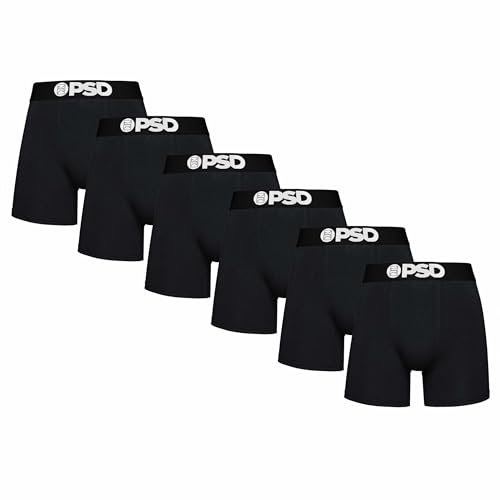 PSD Undewear Mens Black Solid Cotton Mid Length Boxer Brief 6 Pack Multi M