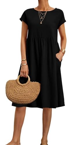 Image of BIRW Cotton Linen Dresses for Women 2025 Summer Casual A Line Flowy Dress Beach Vacation Midi Gauze Dress with Pockets
