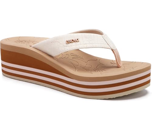ONCAI Women's Platform Wedge Flip Flops Sandals Size 8 Trendy Dressy Summer Beach Vacation Pool Beige Thong Chunky Sandalias Comfy Cute Thick Waterproof Arch Support Rubber Foam Soles