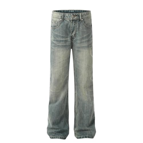 Jeans Pants Trousers Denim Retro Trendy Street Washed Blue Grinding Fading Commuting Casual Straight Leg Men