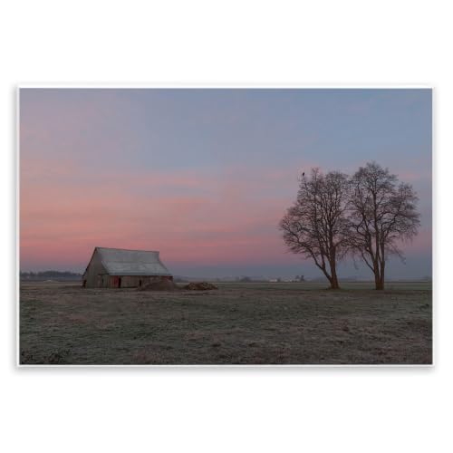 Lone Grassland Cabin Sunset, 10 x 15 Inch Mounted Print on Wall Plaque