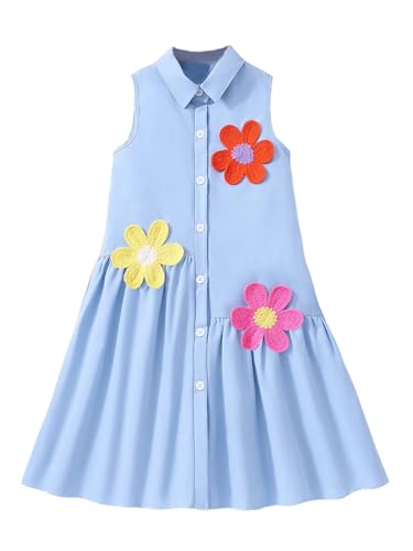 Girl's Cute 3D Floral Tank Dress Button Down Collar Sleeveless Flared Short Dresses
