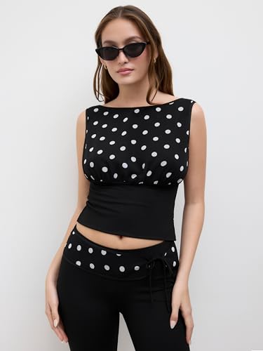 CIDER Shirts for Women Polka Dot Tank Top Boat Neck Lace Up Sleeveless Blouse Summer Casual Fitted Top4